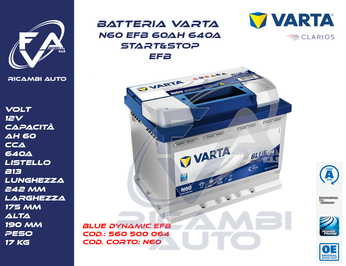 Batterie Voiture Varta N60 Blue Dynamic EFB 12V 60Ah 640A