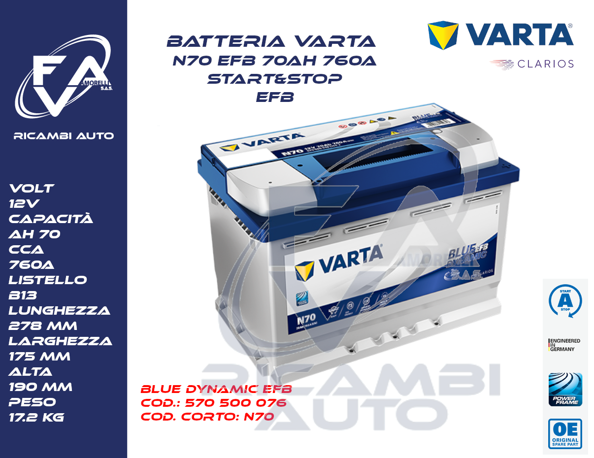 VARTA N70 Blue Dynamic 12V 70Ah 760A EFB Batteries voiture (570